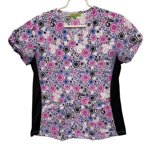 Green Town Circles Spheres Geometric Purple Pink Blue Scrub Top Size XS